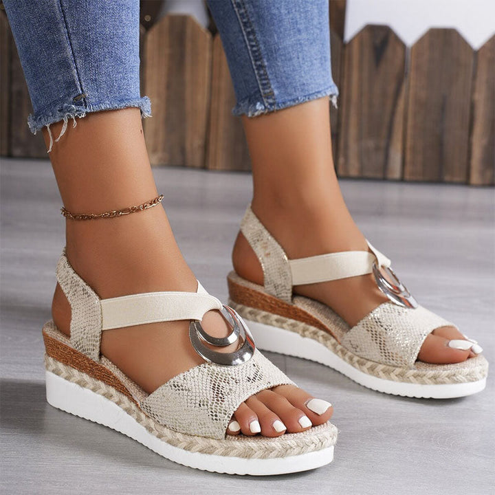 Stylish women's open-toe platform wedge sandals with elastic straps, perfect for casual summer wear.