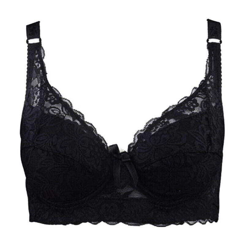 Women's plus-size wire-free bra with adjustable straps, comfortable full coverage, lace detailing.
