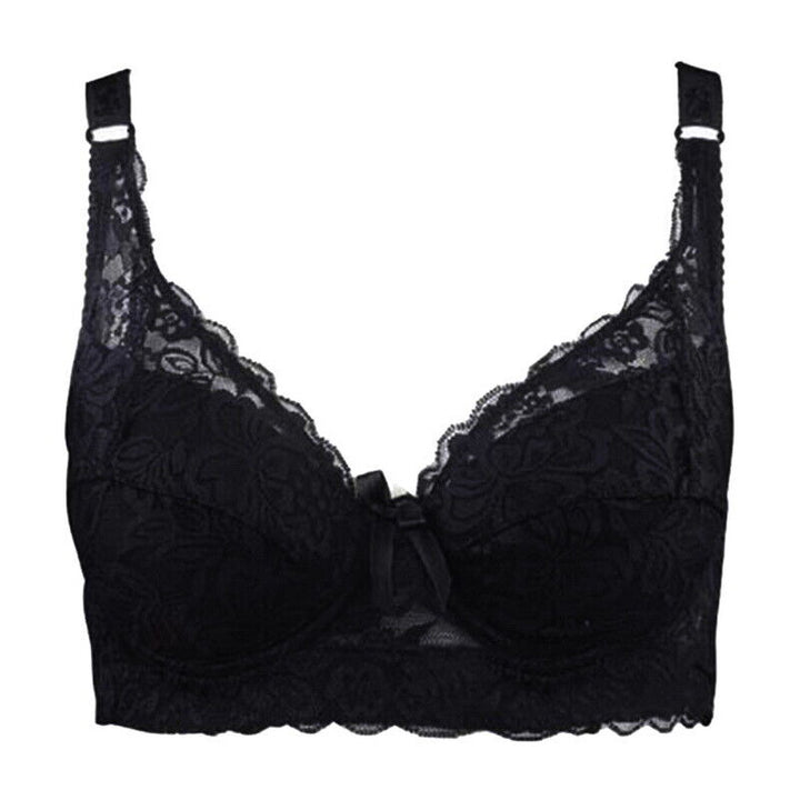 Women's plus-size wire-free bra with adjustable straps, comfortable full coverage, lace detailing.