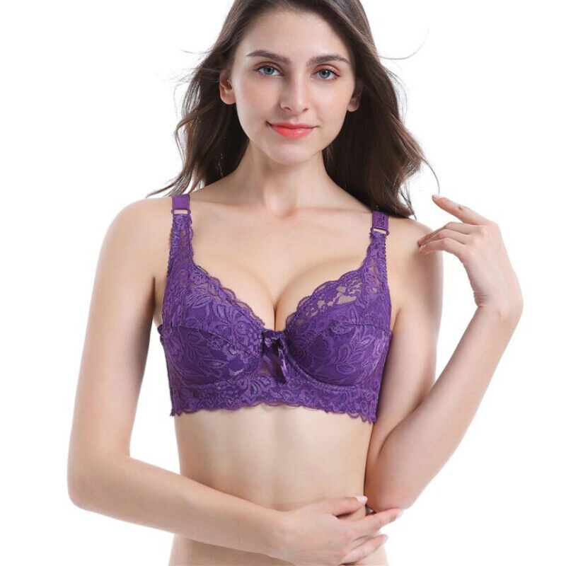 Front view of a comfortable plus-size wire-free lace bra, offering full coverage and elegant style.