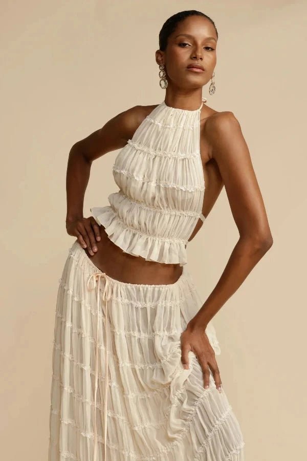 Stylish women's printed co-ord set in White Bliss pattern. Perfect casual two-piece lounge wear.