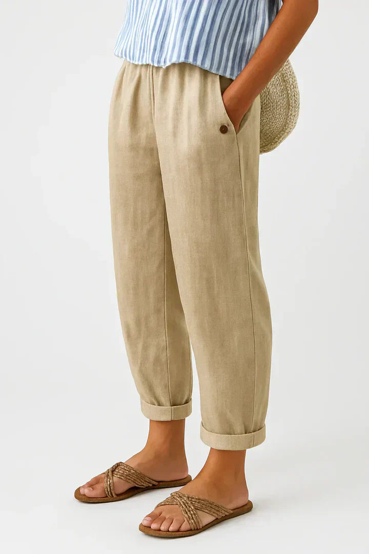 Women's comfortable relaxed fit trousers with elastic waist, ideal for casual everyday wear.