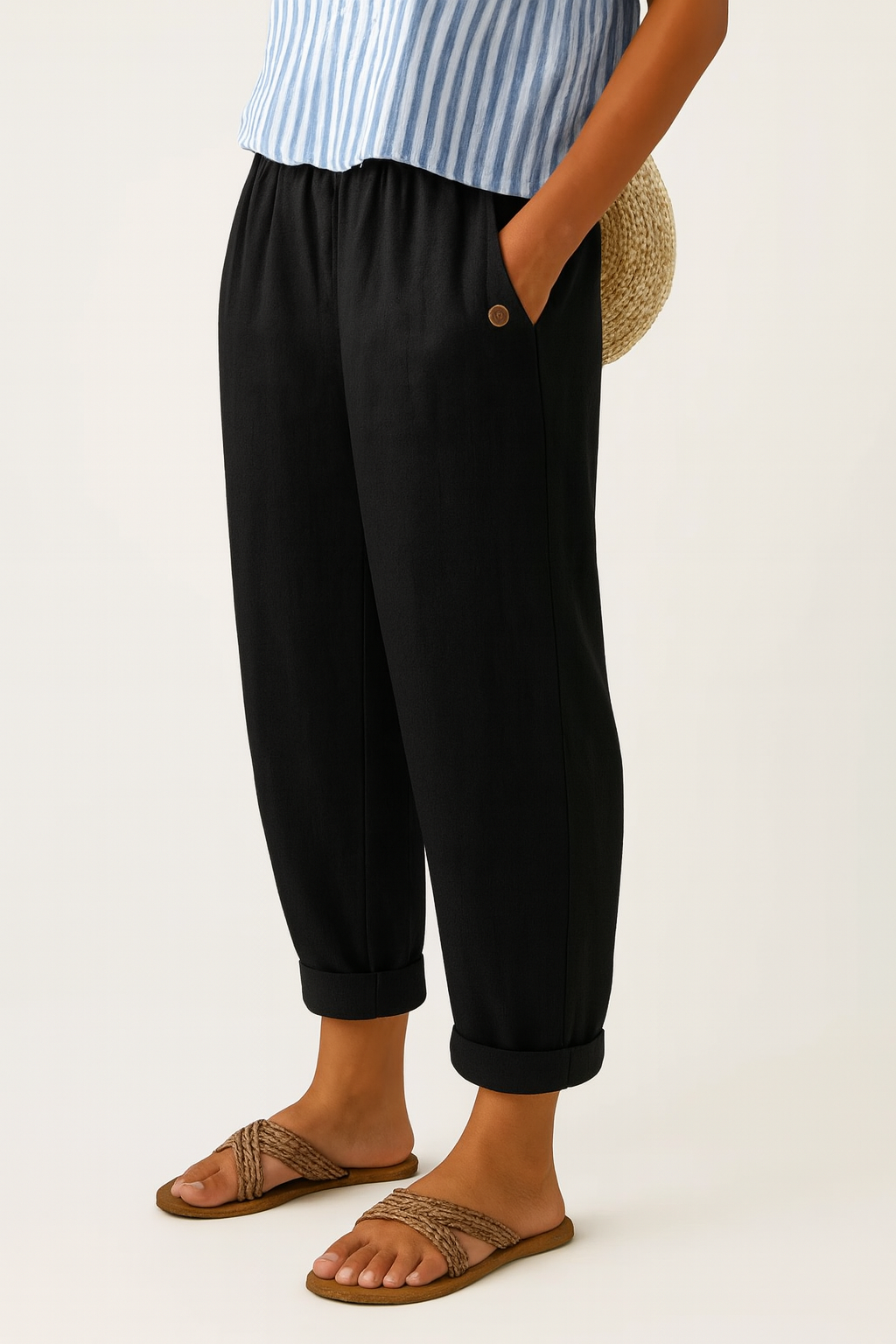 Comfortable straight leg women's trousers with elastic waist, perfect for relaxed casual summer wear.