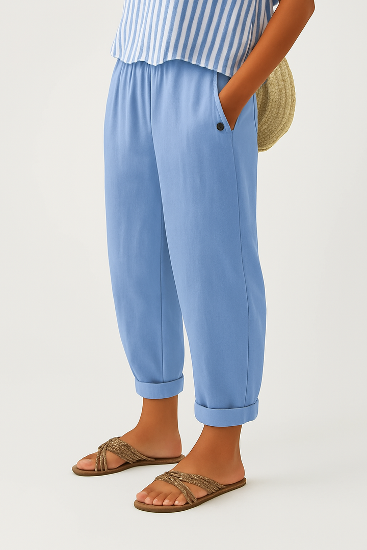 Ladies' comfortable loose fit bottom with elastic waist, versatile for chic everyday & travel style.