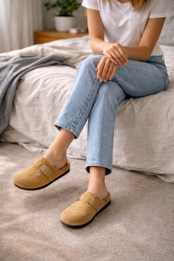 Comfortable women's slip-on slippers/clogs with buckle straps, versatile casual footwear for summer & daily wear.