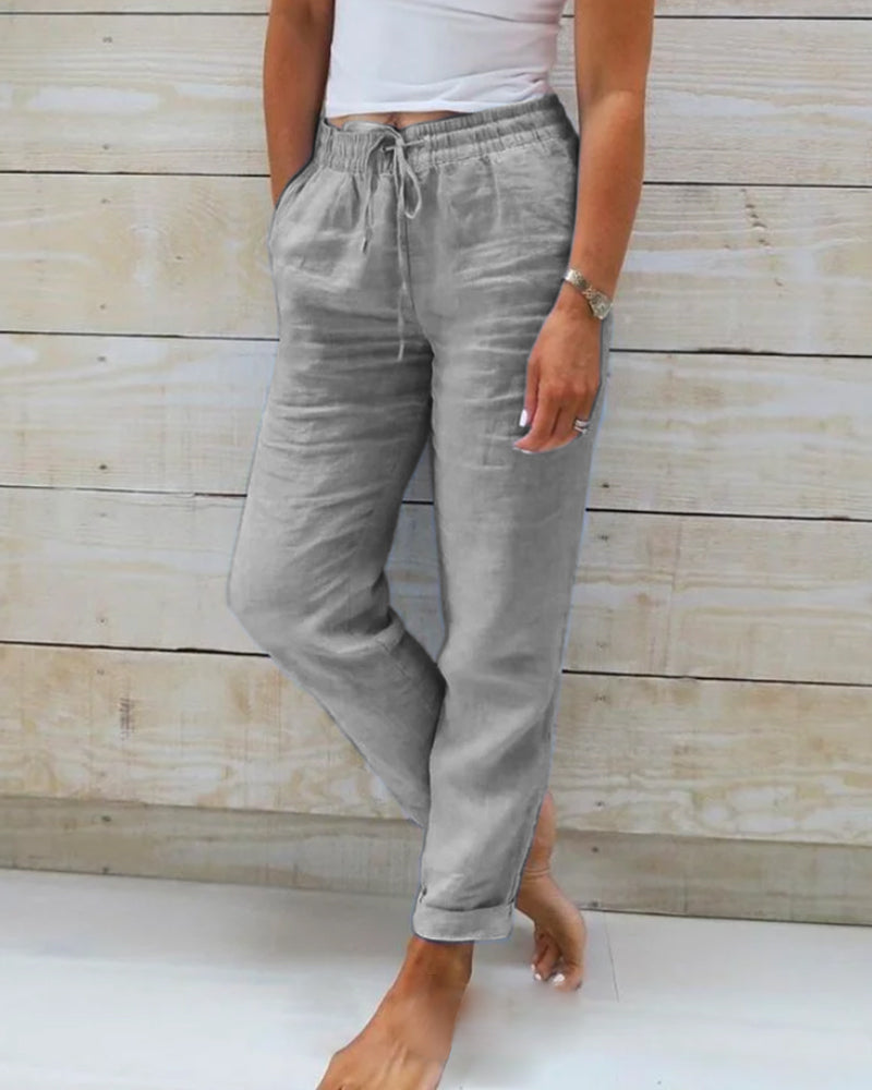 Versatile women's straight leg ankle pants with a comfy drawstring and elastic waist, great for warm weather casual wear.