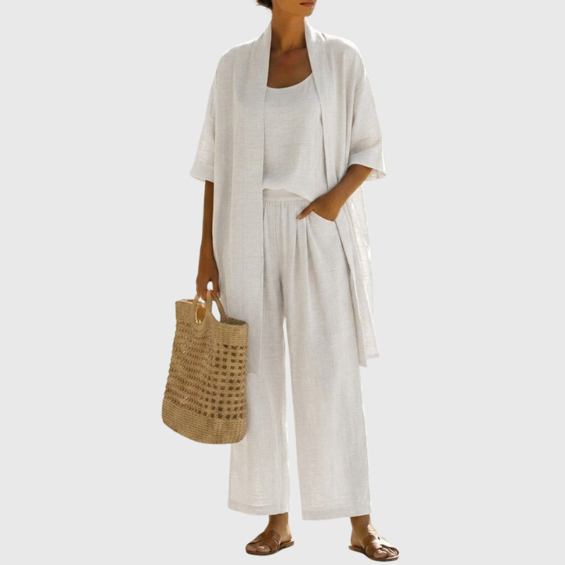 Women's comfortable three-piece set for summer. Lightweight, breathable loungewear in a relaxed fit.