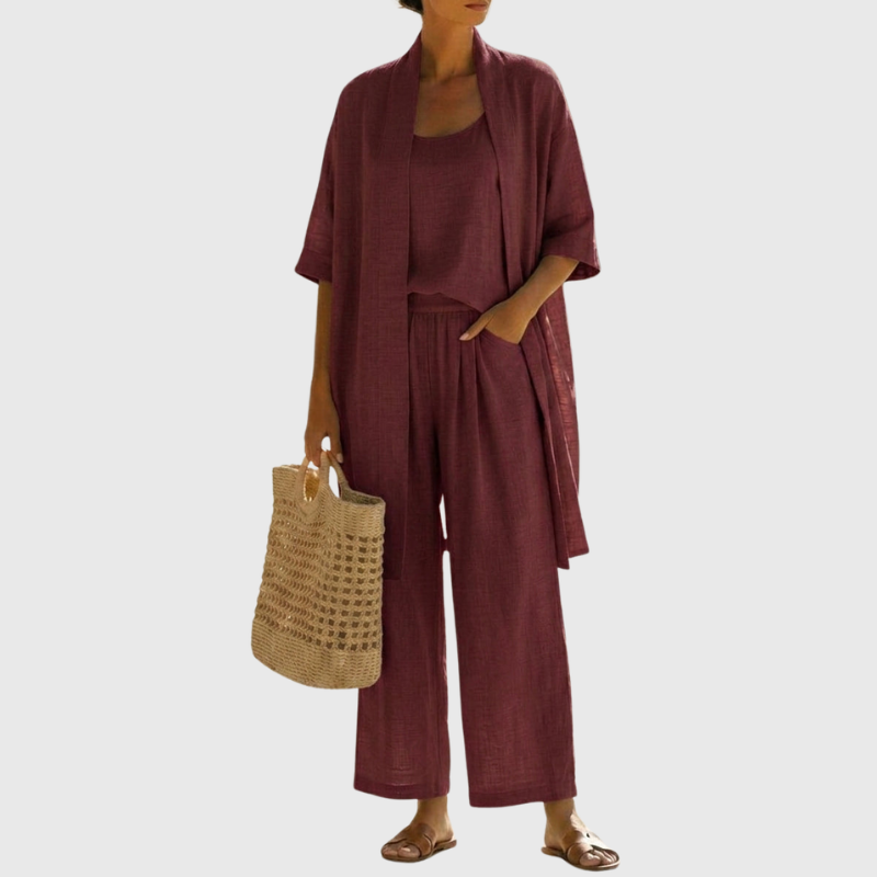 Women's comfortable three-piece set. Breathable fabric, relaxed fit, ideal for summer casual and loungewear.