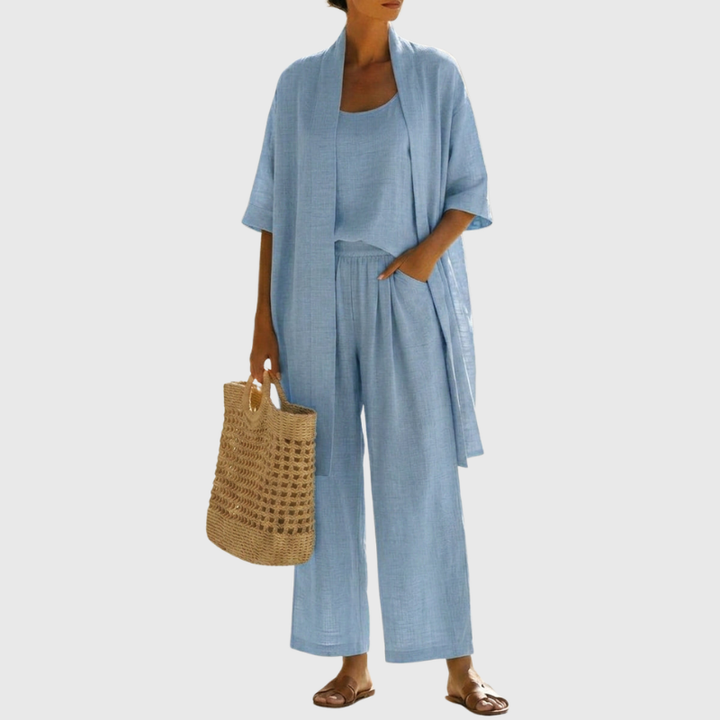 Lightweight women's three-piece matching set. Comfortable, breathable, and perfect for a chic summer outfit.