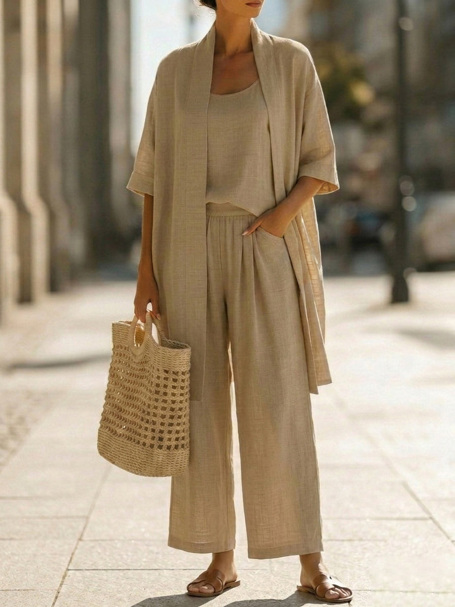 Women's versatile three-piece set. Relaxed fit, breathable, and comfortable for any casual elegant occasion.