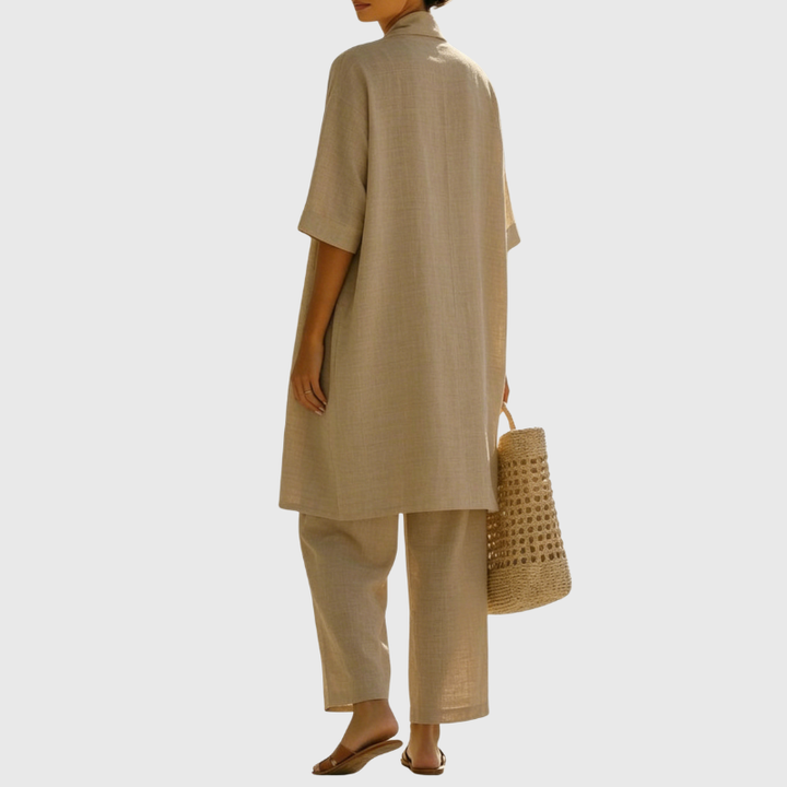 Elegant women's matching three-piece set. Perfect for casual summer outfits or comfortable vacation wear.
