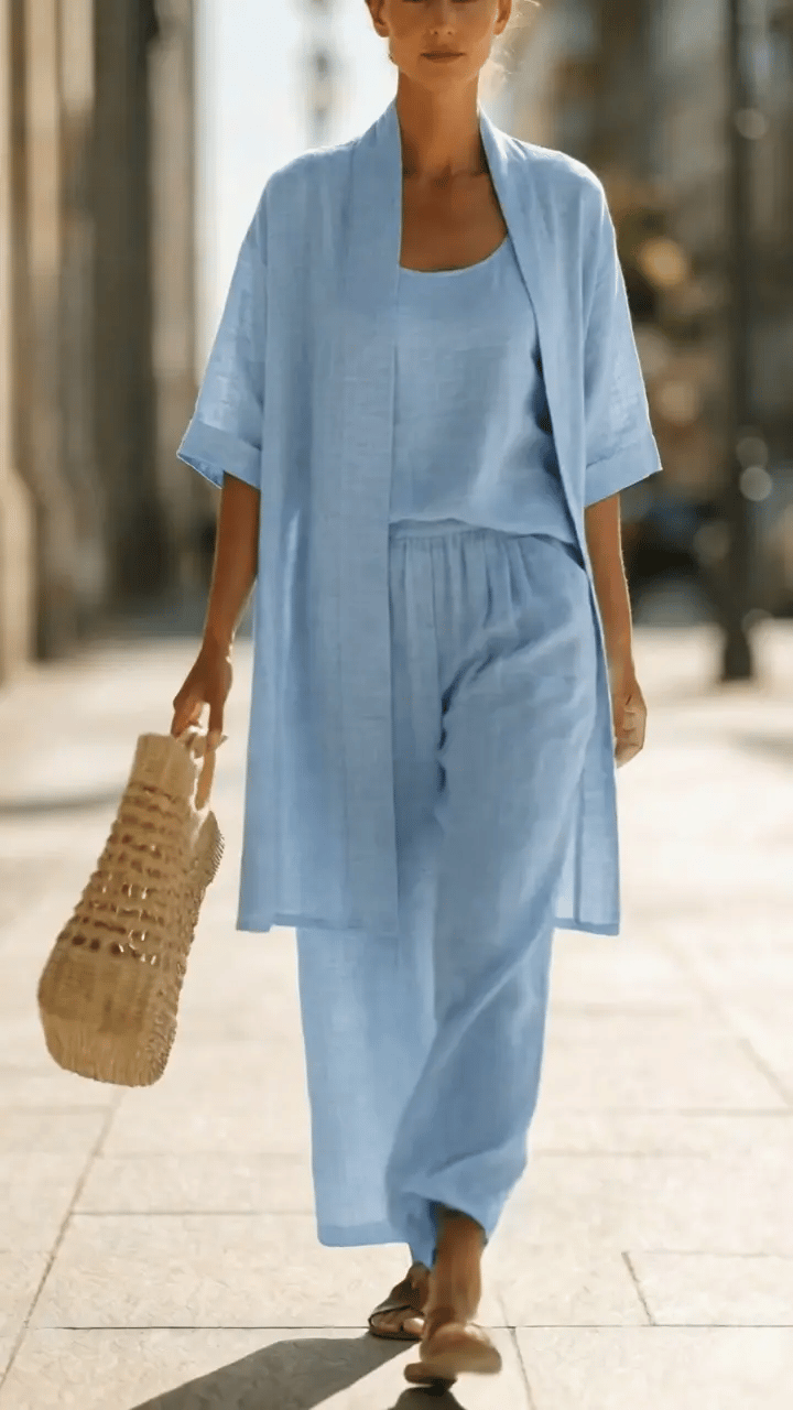 Chic women's summer three-piece set. Lightweight fabric, comfortable & versatile for casual elegant style.