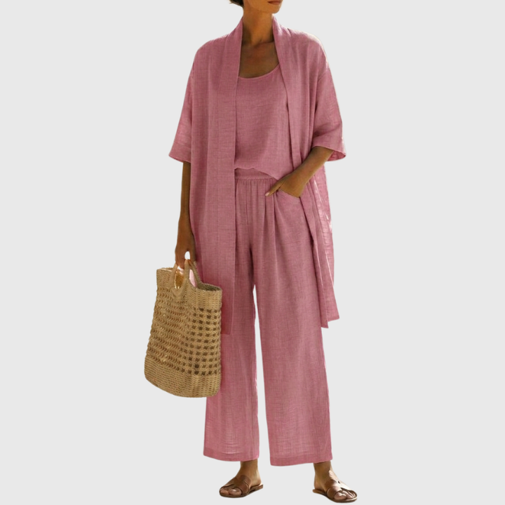 Relaxed fit women's three-piece set. Comfortable, breathable loungewear, perfect for warm weather and vacation.