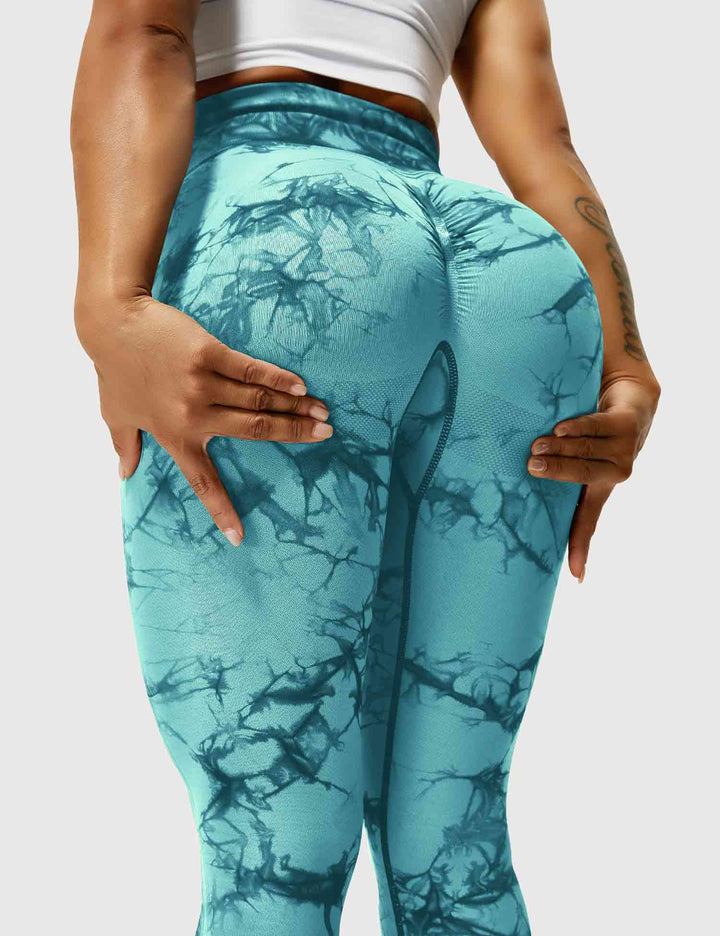 Fashionable high-waist tie dye leggings for women's gym style.