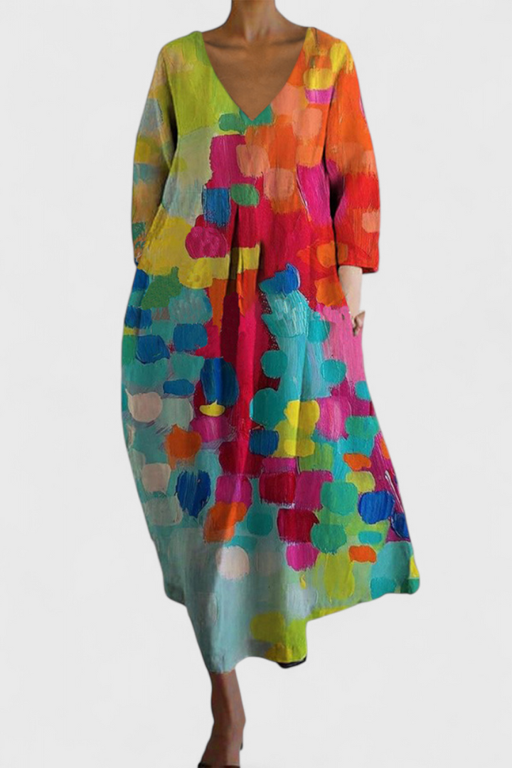 Women's comfortable V-neck flowy midi dress. Ideal for summer casual elegance.