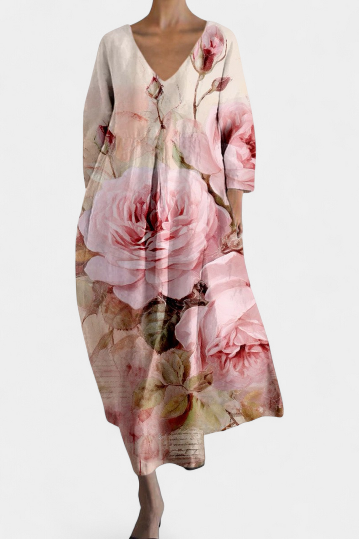 Feminine V-neck flowy midi dress. Comfortable, stylish multicolor for women's summer casual.