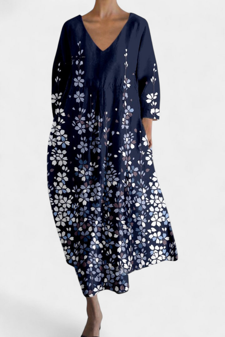 Multicolor V-neck flowy dress. Women's comfortable midi, perfect for summer casual fashion.