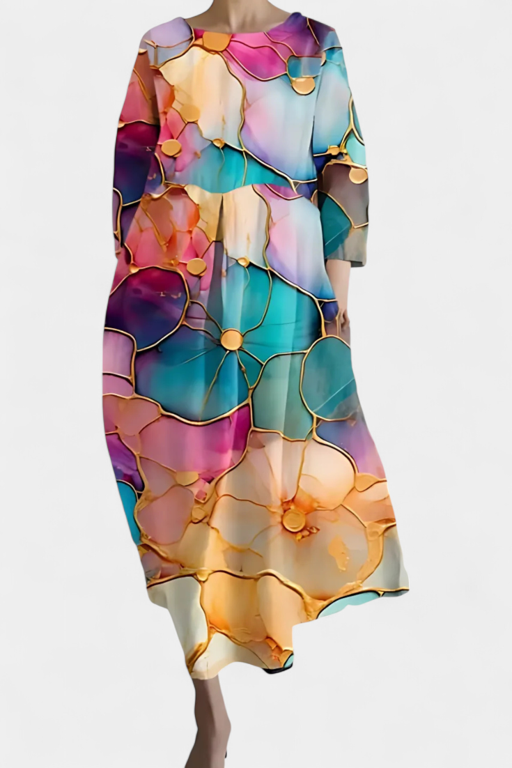 Elegant women's V-neck flowy midi dress. Comfortable for summer, a stylish casual choice.