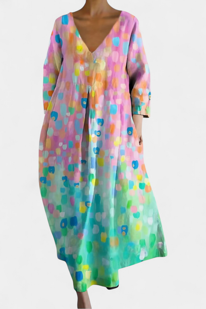 Elegant multicolor V-neck flowy dress. Perfect comfortable midi for summer casual fashion.