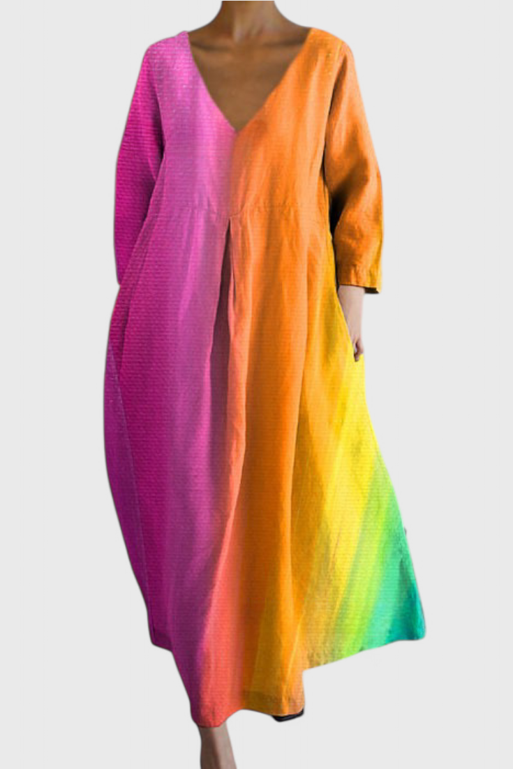 Feminine V-neck flowy midi dress. Comfortable and stylish for women's summer casual wear.