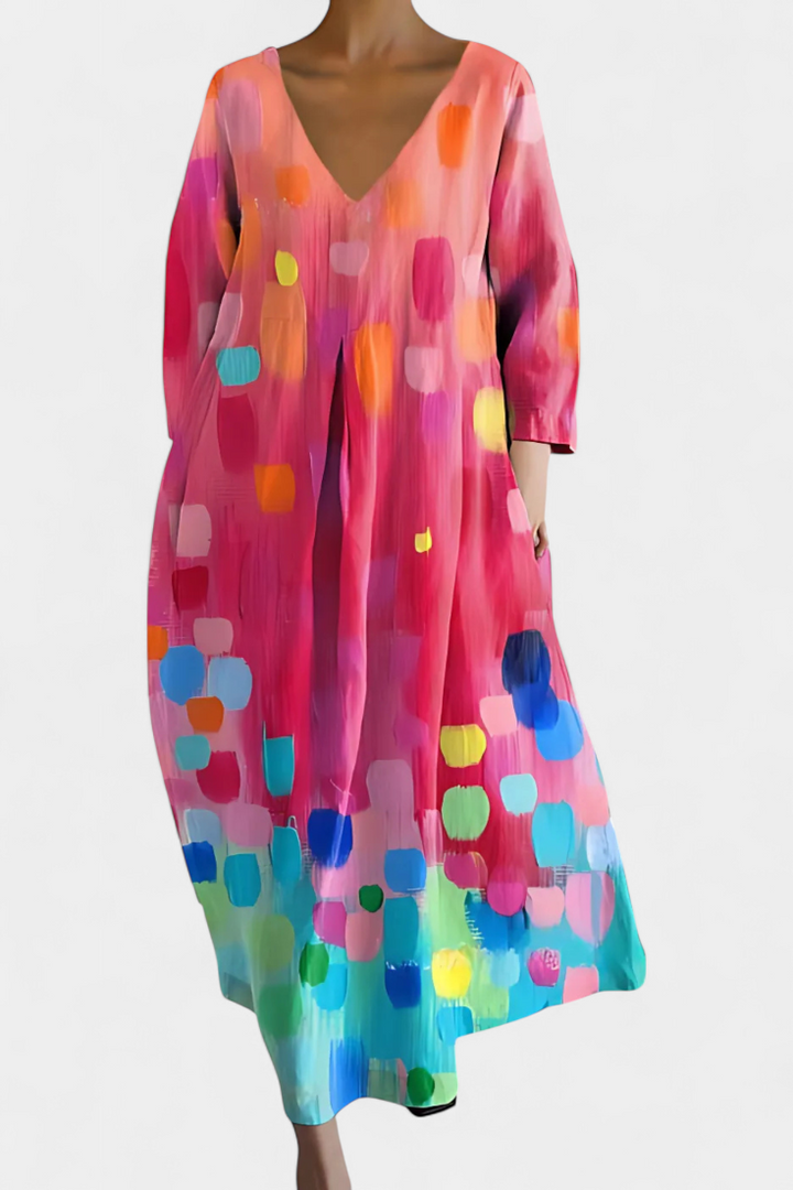 Casual women's summer V-neck flowy dress. Comfortable, multicolor midi for everyday style.