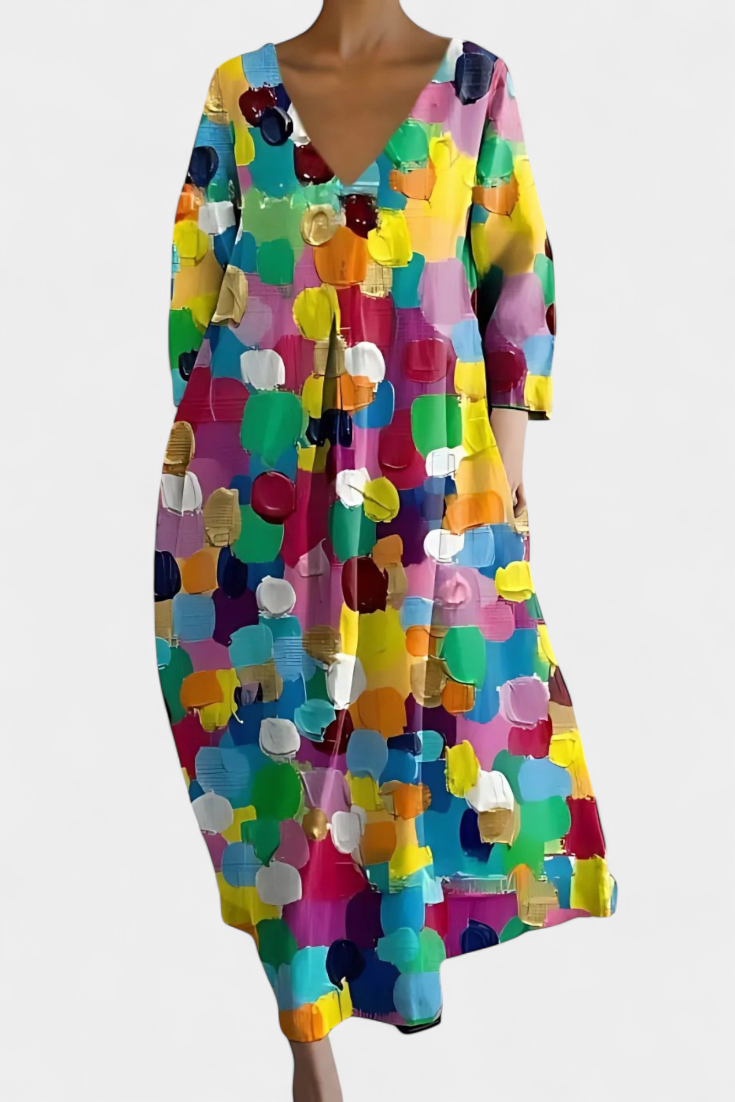 Multicolor V-neck flowy midi dress. Elegant & comfortable for women's summer feminine fashion.