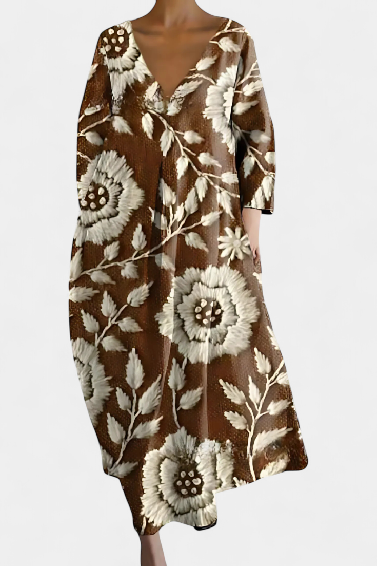 Casual multicolor V-neck flowy dress. Comfortable women's midi for relaxed summer elegance.