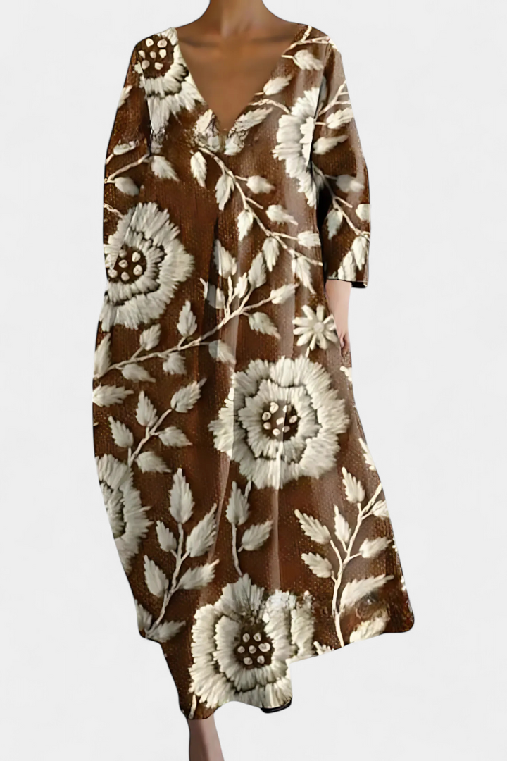 Casual multicolor V-neck flowy dress. Comfortable women's midi for relaxed summer elegance.