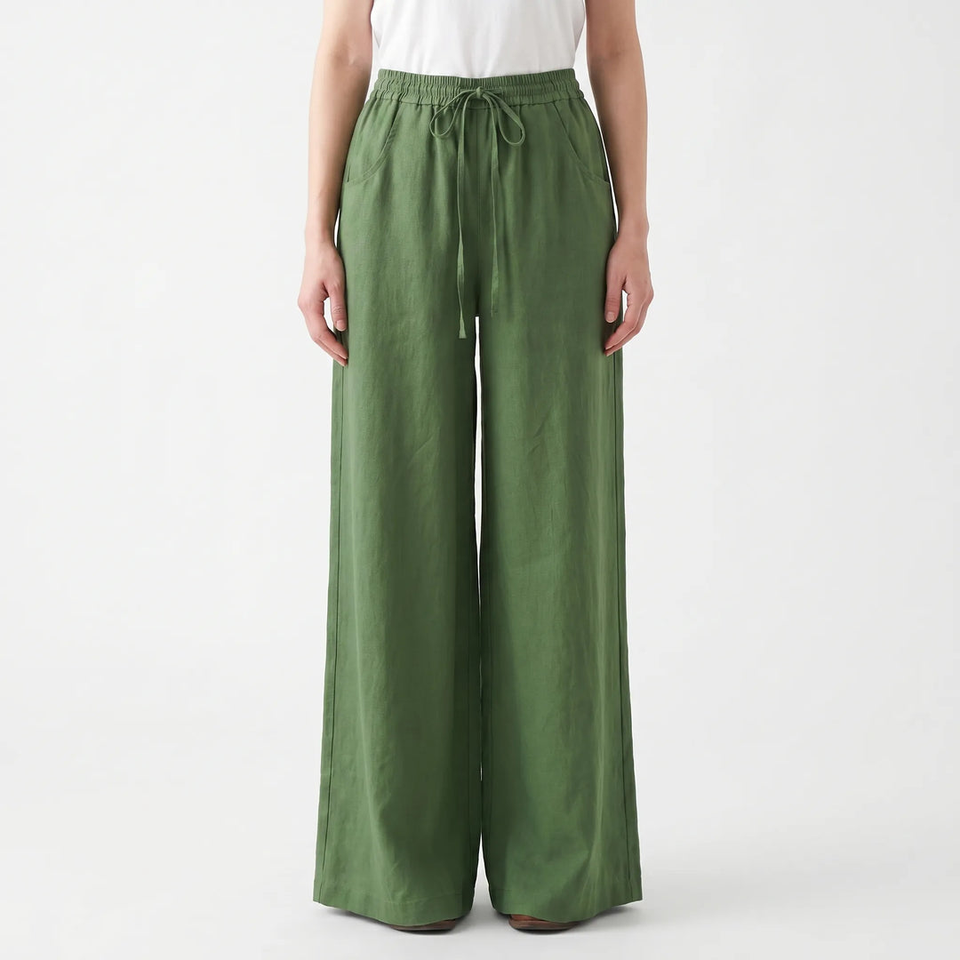 Chic women's wide-leg pull-on pants, versatile for spring & summer casual wear, offering a comfortable relaxed fit.