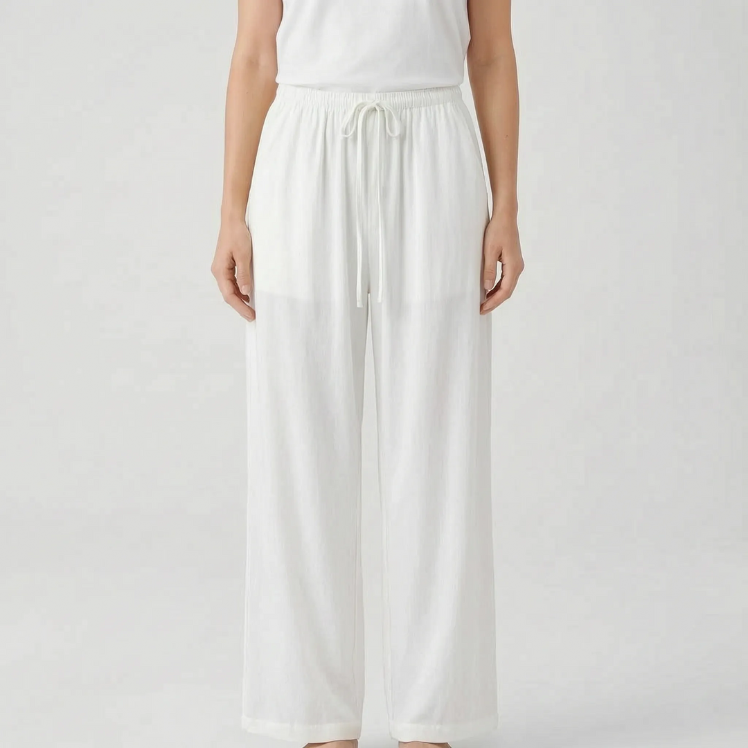Women's high-waisted wide-leg summer pants with drawstring, comfortable & casual loose fit.