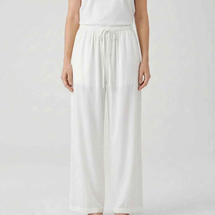 Women's high-waisted wide-leg summer pants with drawstring, comfortable & casual loose fit.