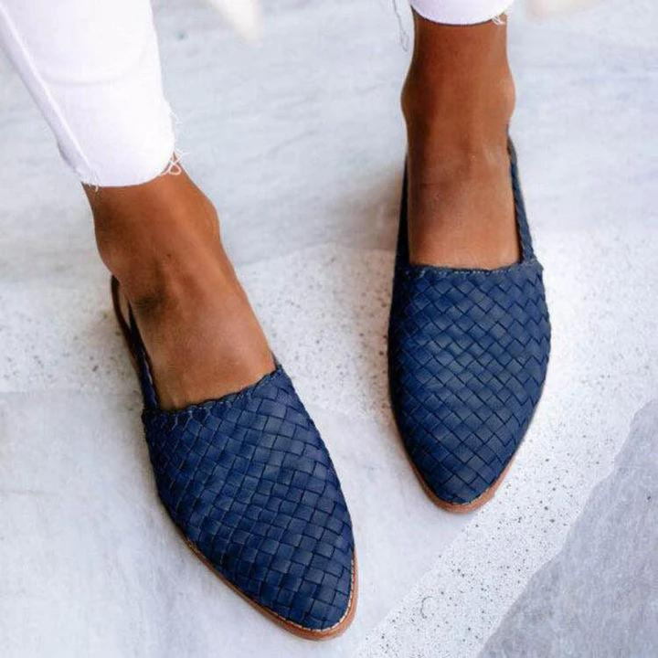 Stylish women's woven mules. Pointed toe slip-on loafers, great for comfortable and fashionable office or casual wear.