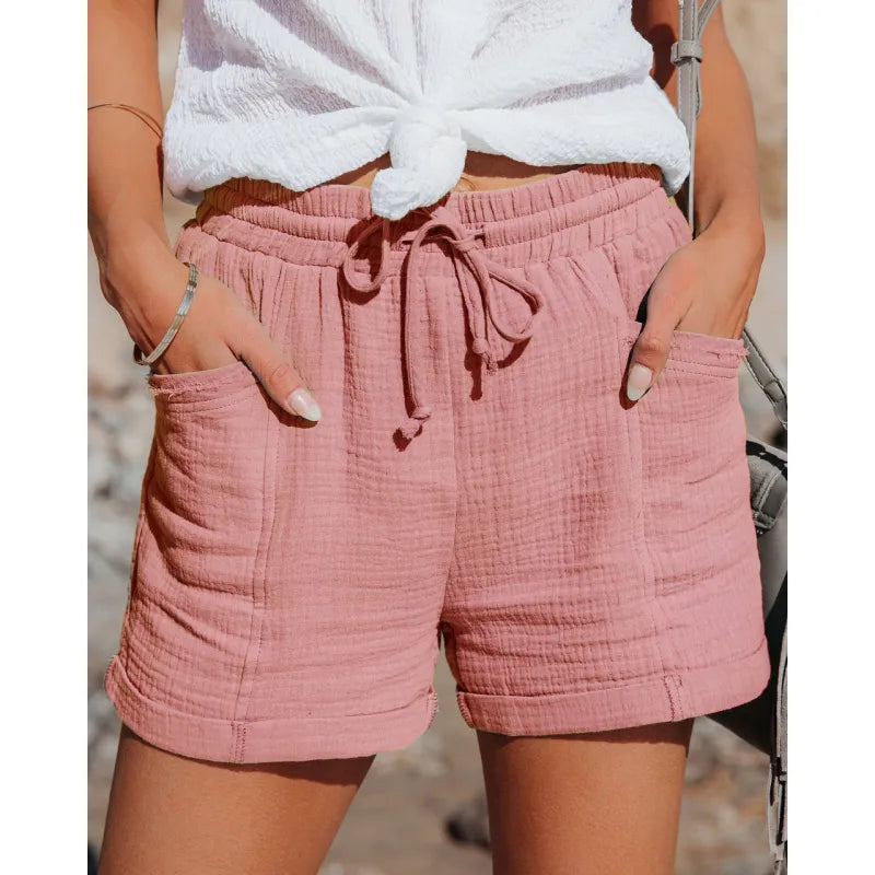 Women's comfy drawstring waist shorts, relaxed fit, perfect for casual summer wear & comfort.