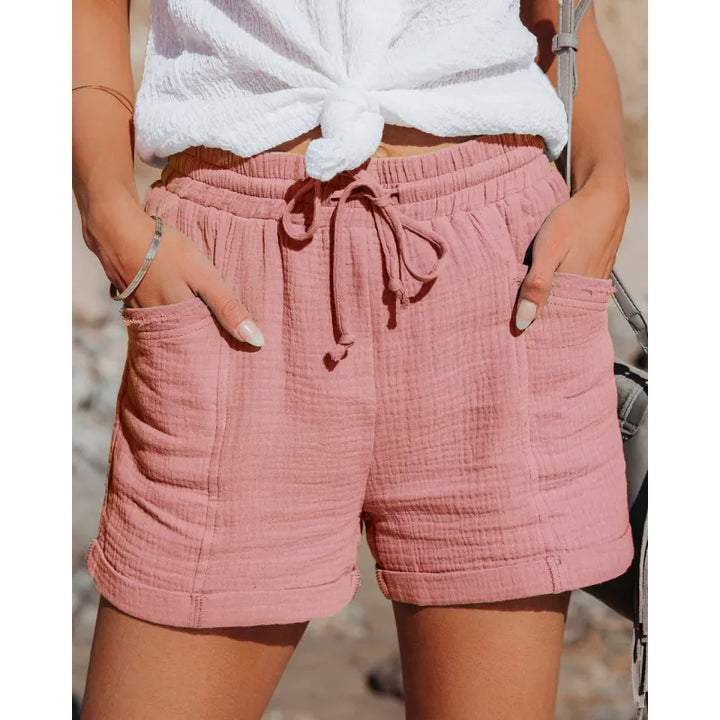 Women's comfy drawstring waist shorts, relaxed fit, perfect for casual summer wear & comfort.