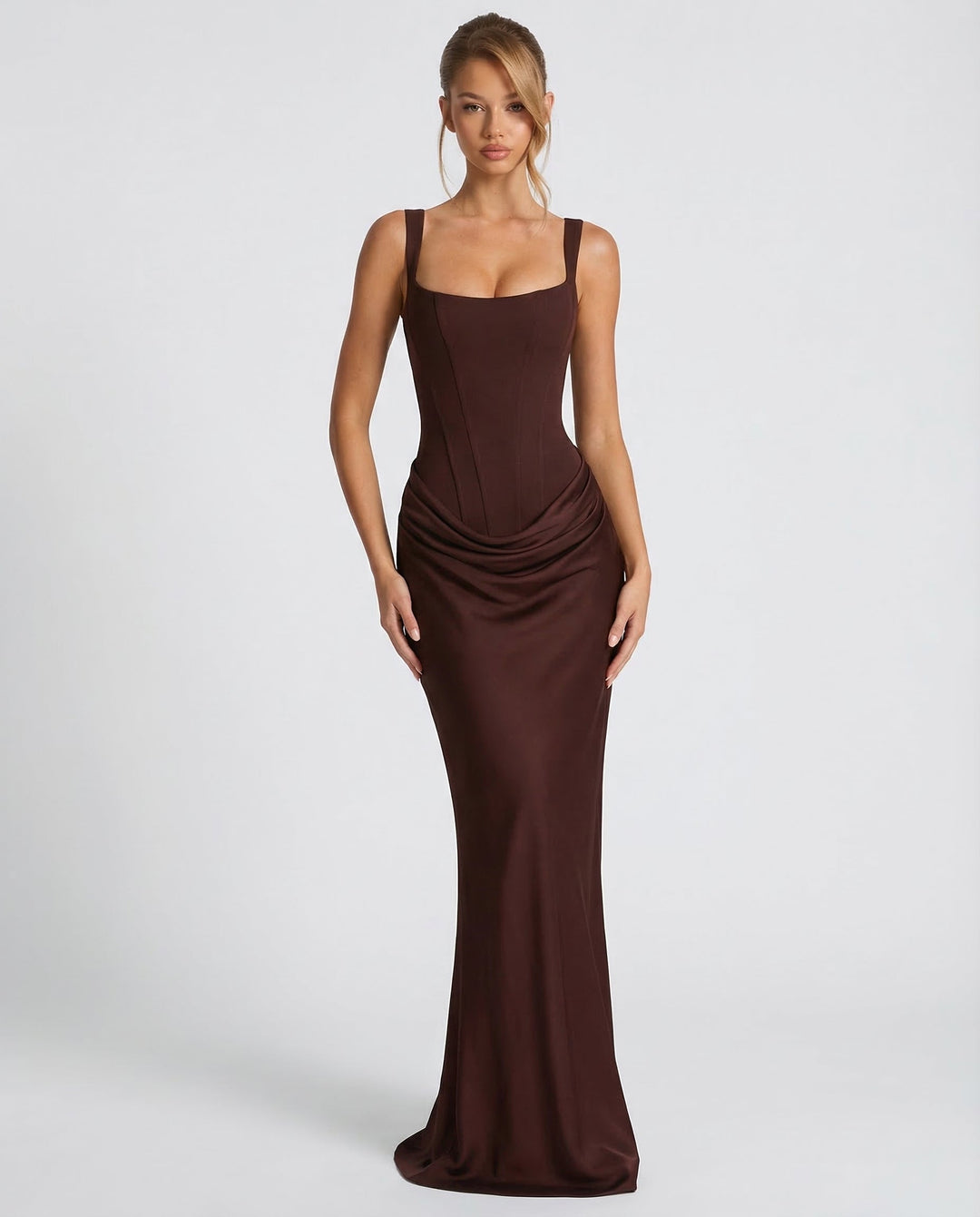 Sculpted women's sleeveless corset maxi dress with a flattering draped waist, ideal as a party or evening gown.