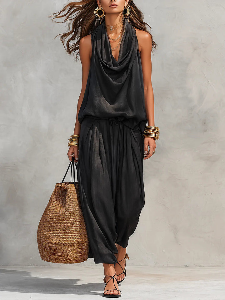 Women's cowl neck halter top & wide leg pant 2-piece set. Perfect for resort wear or summer vacation.