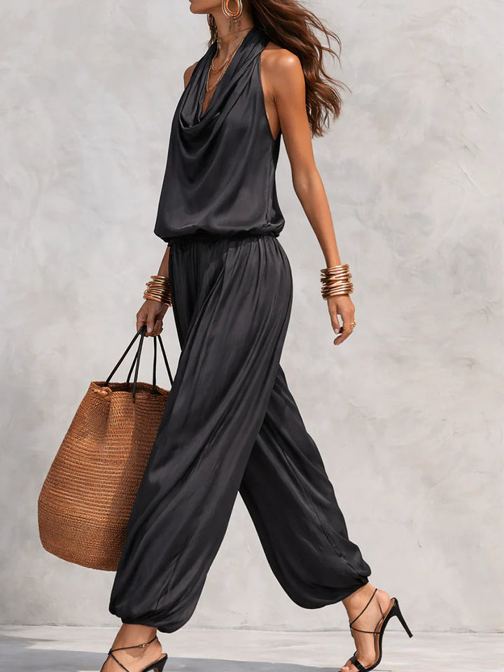 Stylish women's boho-chic cowl neck halter top & wide leg pant set for comfortable summer fashion.