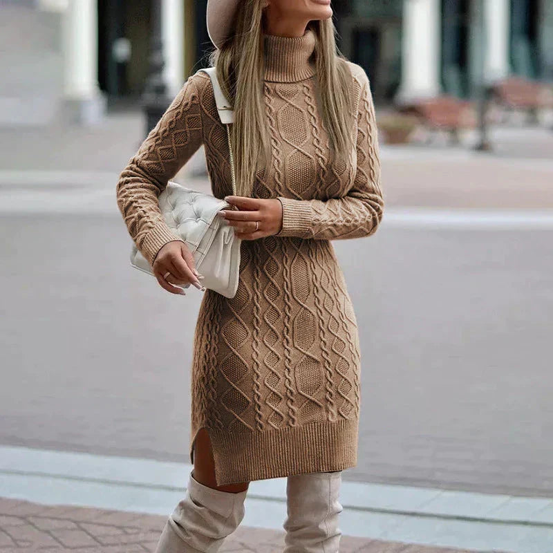 Women's cozy cable knit turtleneck midi dress, warm and elegant for fall & winter. Long sleeve sweater dress.