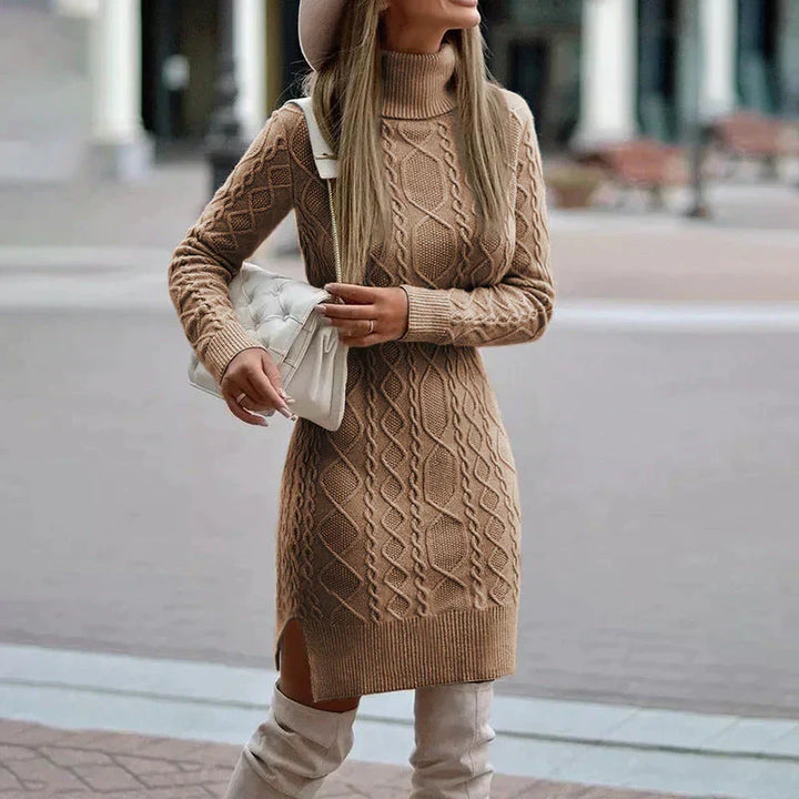 Women's cozy cable knit turtleneck midi dress, warm and elegant for fall & winter. Long sleeve sweater dress.