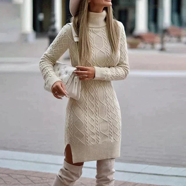 Elegant women's warm cable knit midi dress with a cozy turtleneck. Long-sleeve sweater dress for stylish winter comfort.