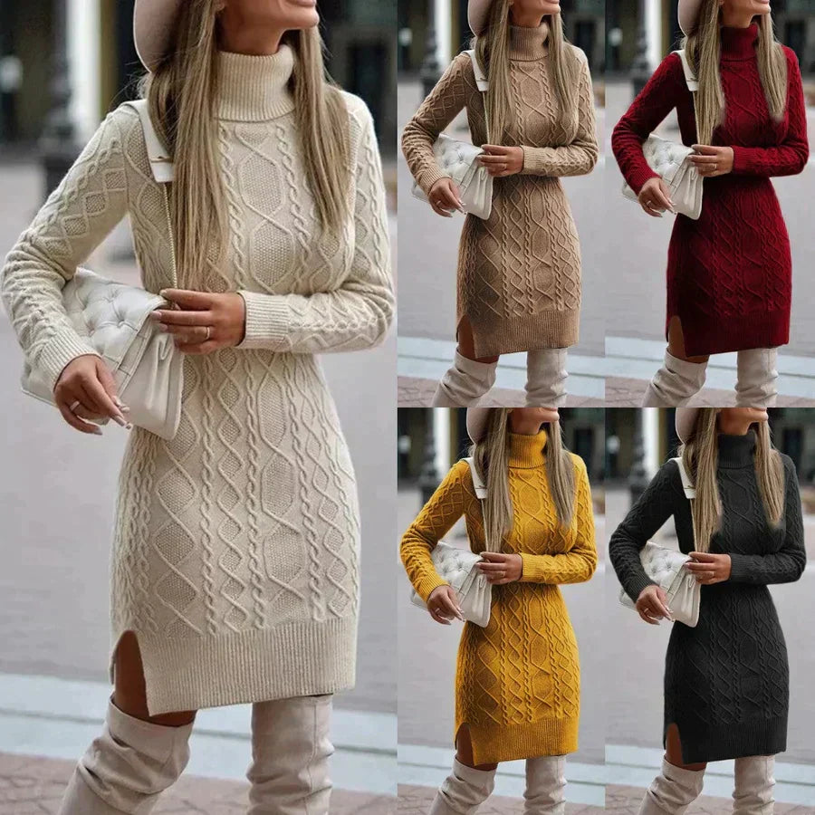 Stylish women's turtleneck cable knit dress, a warm long-sleeve midi sweater dress for elegant fall & winter outfits.
