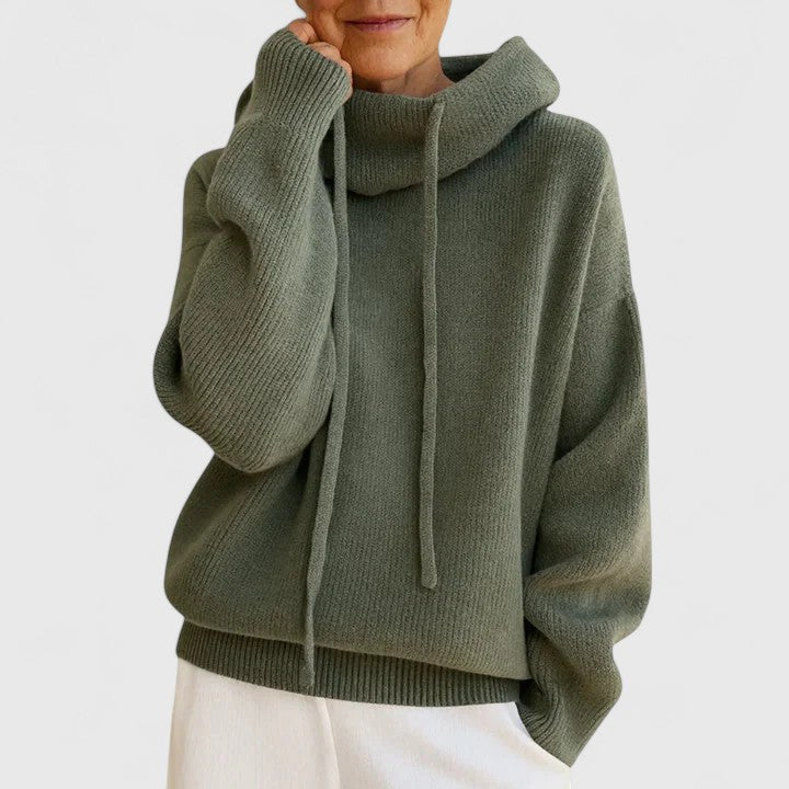 Women's cozy cowl neck drawstring pullover sweater. Oversized, long sleeve, perfect for fall and winter casual wear.