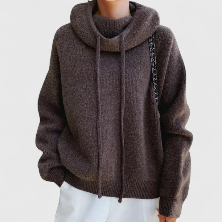 Comfortable women's drawstring cowl neck sweater. Relaxed fit, long sleeve, versatile for everyday casual wear.