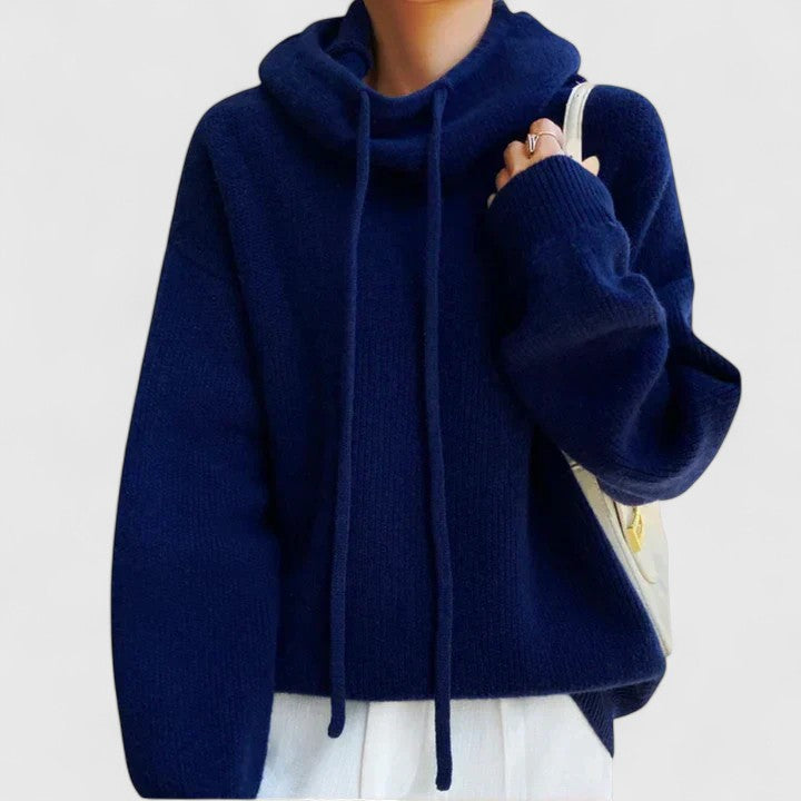 Relaxed fit women's cowl neck pullover sweater. Cozy, oversized, long sleeve for comfortable casual wear.