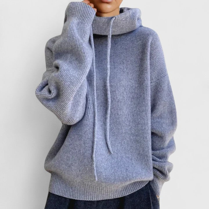 Women's long sleeve drawstring cowl neck sweater, a winter essential. Versatile, cozy, and relaxed style.