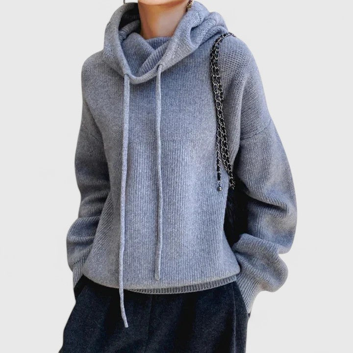 Soft women's cowl neck pullover with drawstring. Oversized, long sleeve, perfect casual top for chilly days.