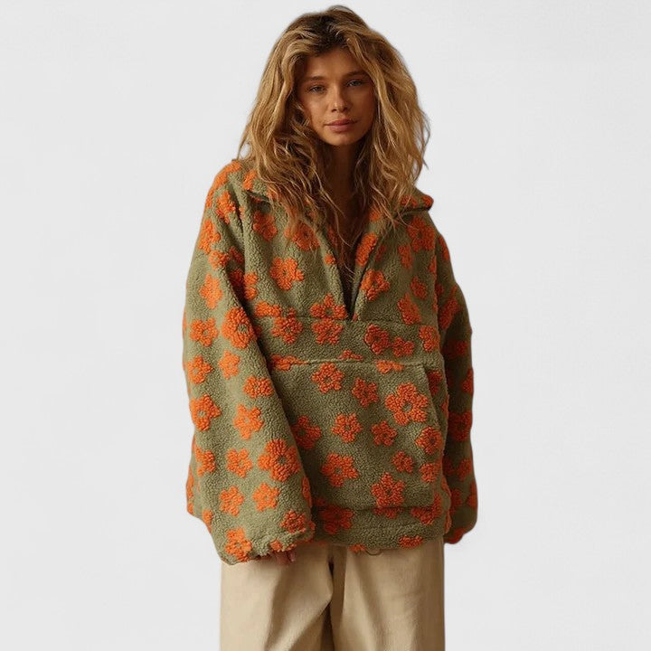 Comfortable women's cozy floral quarter-zip pullover sweater, soft and warm for ultimate fall and winter relaxation.