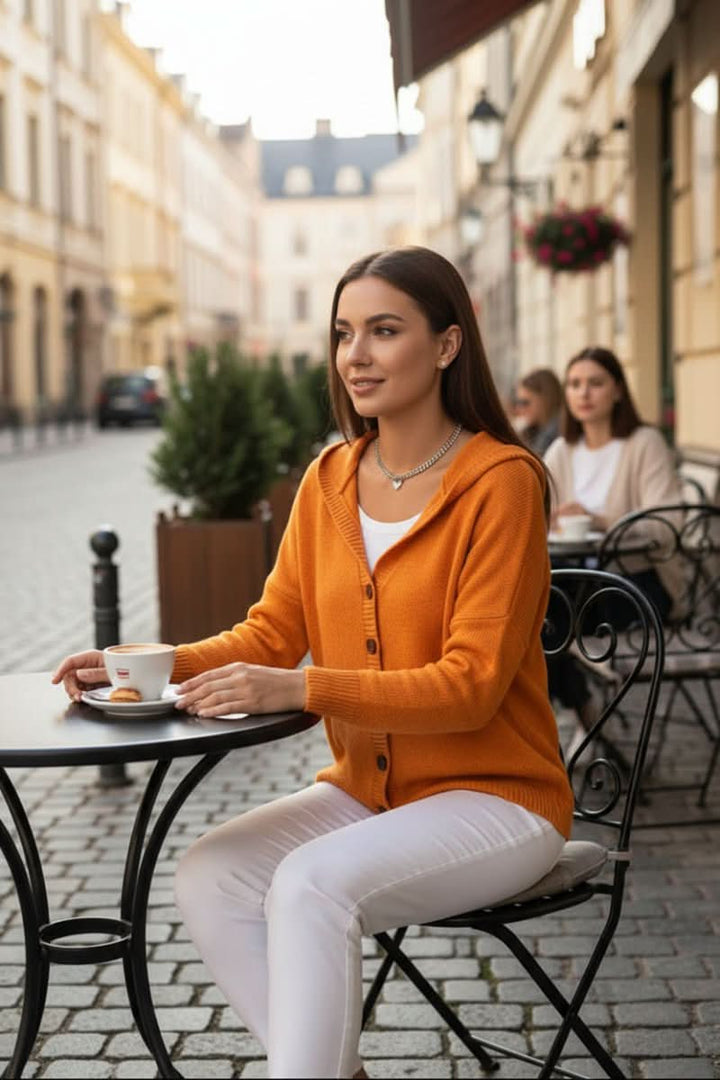 Comfortable women's hooded cardigan, long sleeve & open front, for easy styling.
