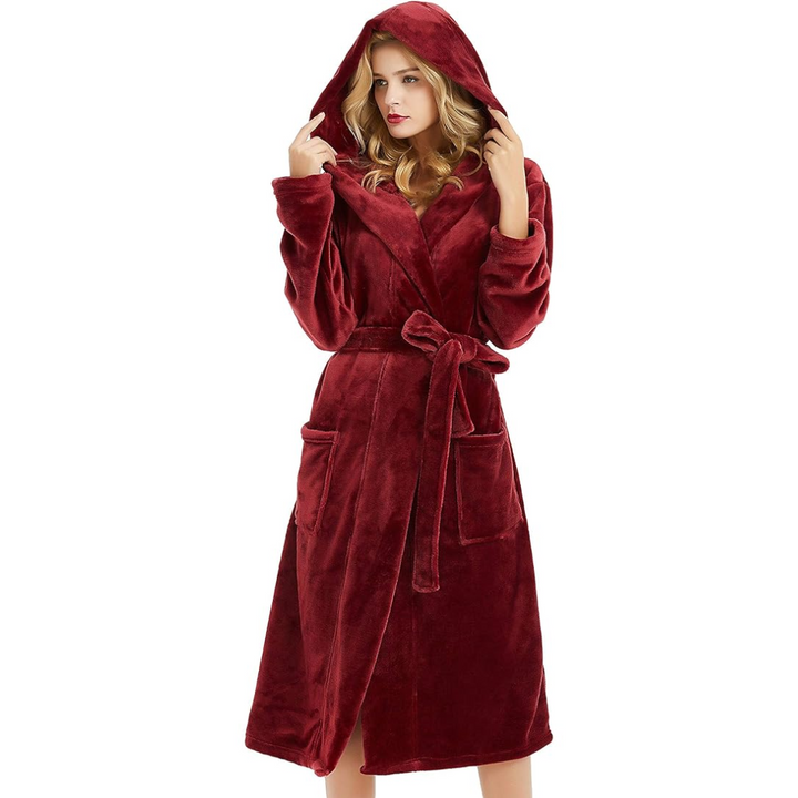 Women's soft hooded full-length bathrobe, perfect for home relaxation. Cozy loungewear for women.