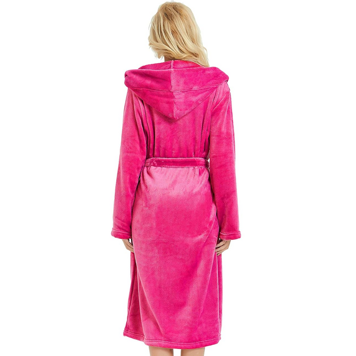 Warm full-length hooded robe for women. Ideal cozy loungewear and sleepwear, providing ultimate comfort.